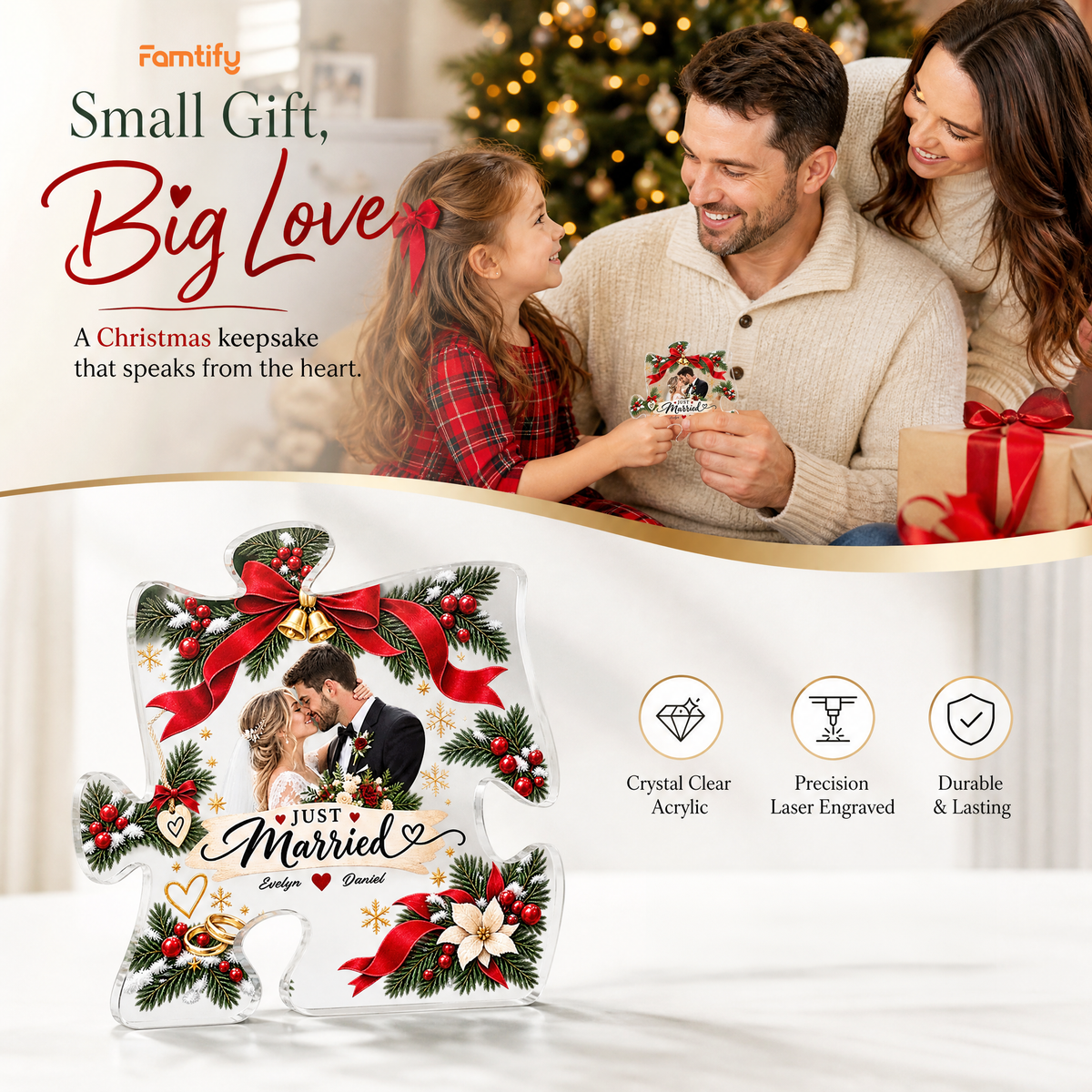 Personalized Just Married Christmas Custom Photo Acrylic Puzzle Plaque, Custom Couple Name Wreath Xmas Tabletop Keepsake, Newlywed Wedding Holiday Gift
