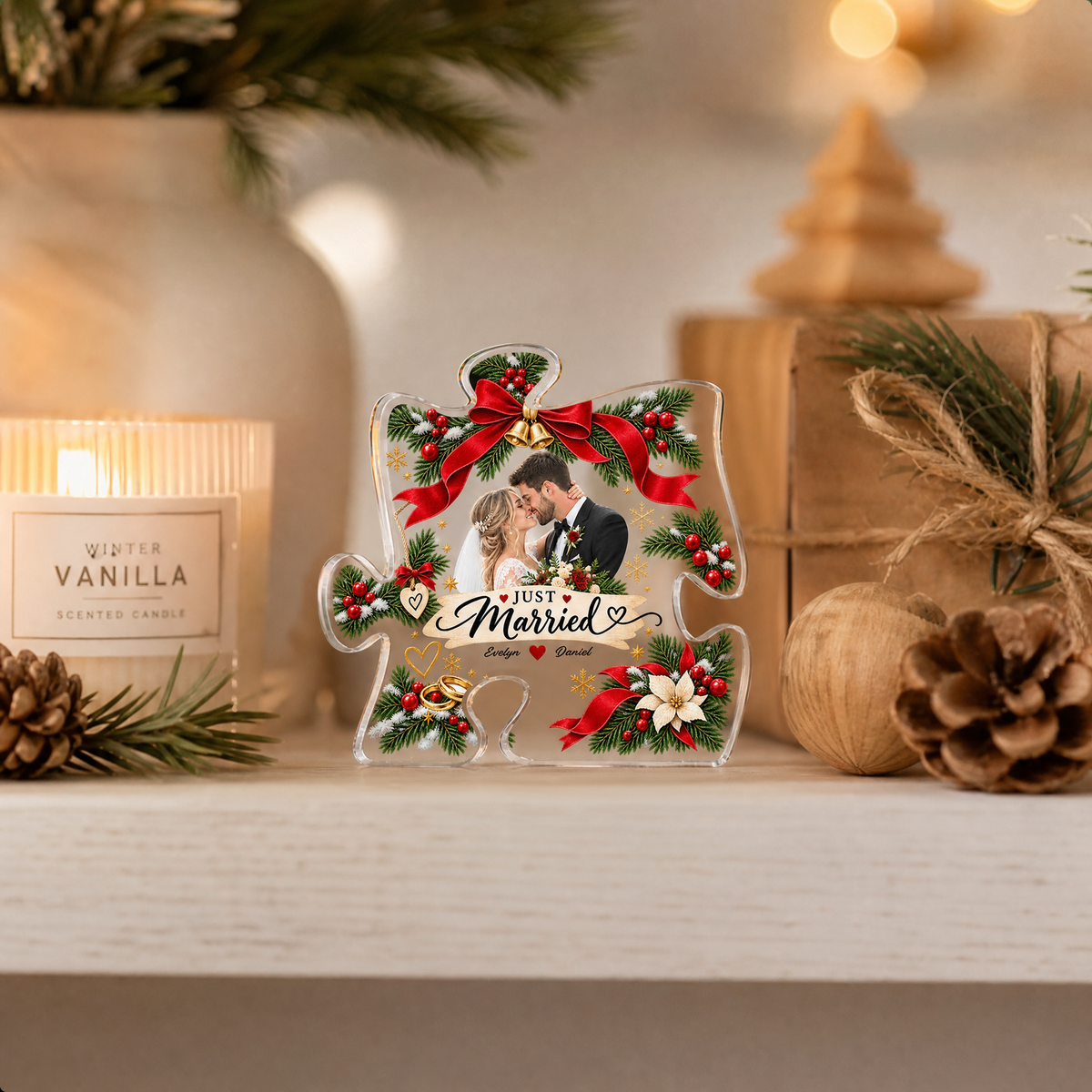 Personalized Just Married Christmas Custom Photo Acrylic Puzzle Plaque, Custom Couple Name Wreath Xmas Tabletop Keepsake, Newlywed Wedding Holiday Gift