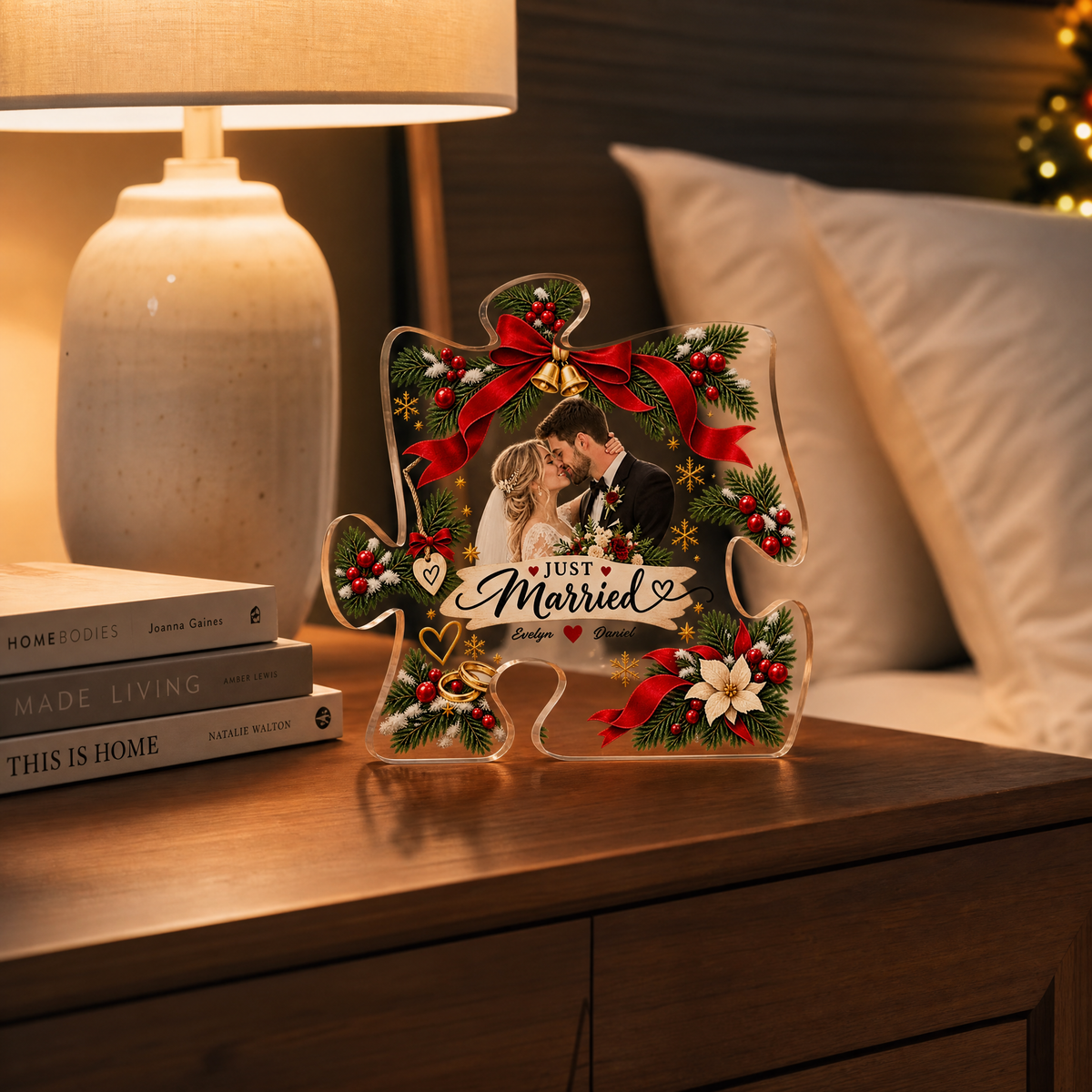 Personalized Just Married Christmas Custom Photo Acrylic Puzzle Plaque, Custom Couple Name Wreath Xmas Tabletop Keepsake, Newlywed Wedding Holiday Gift