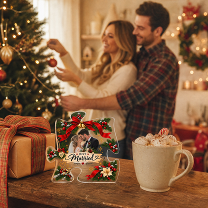 Personalized Just Married Christmas Custom Photo Acrylic Puzzle Plaque, Custom Couple Name Wreath Xmas Tabletop Keepsake, Newlywed Wedding Holiday Gift