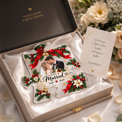 Personalized Just Married Christmas Custom Photo Acrylic Puzzle Plaque, Custom Couple Name Wreath Xmas Tabletop Keepsake, Newlywed Wedding Holiday Gift