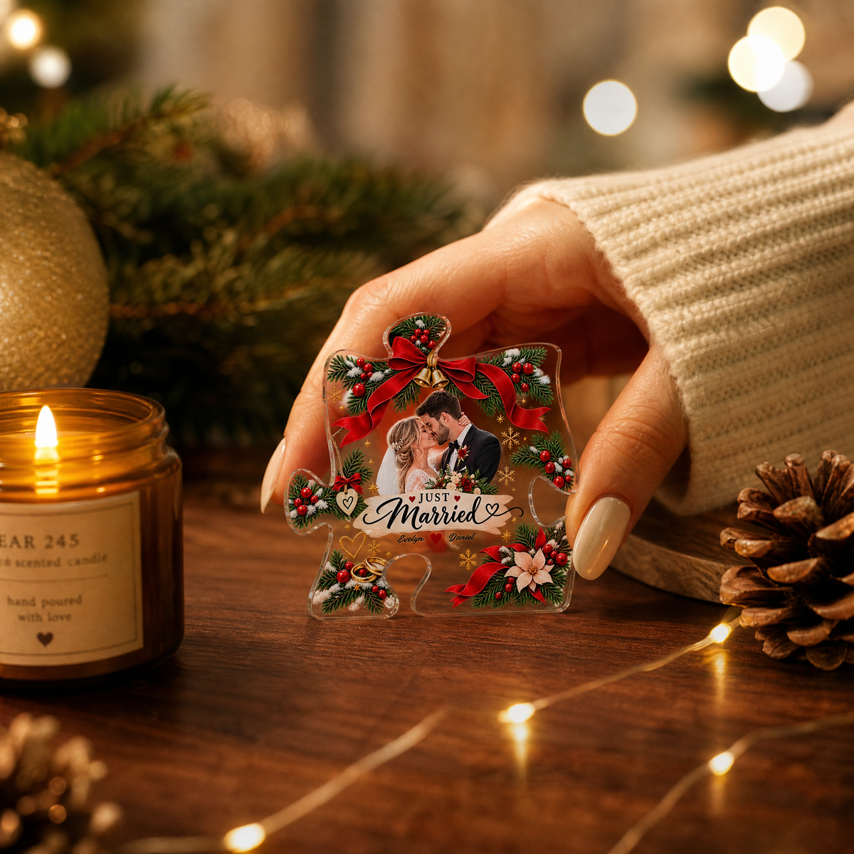 Personalized Just Married Christmas Custom Photo Acrylic Puzzle Plaque, Custom Couple Name Wreath Xmas Tabletop Keepsake, Newlywed Wedding Holiday Gift