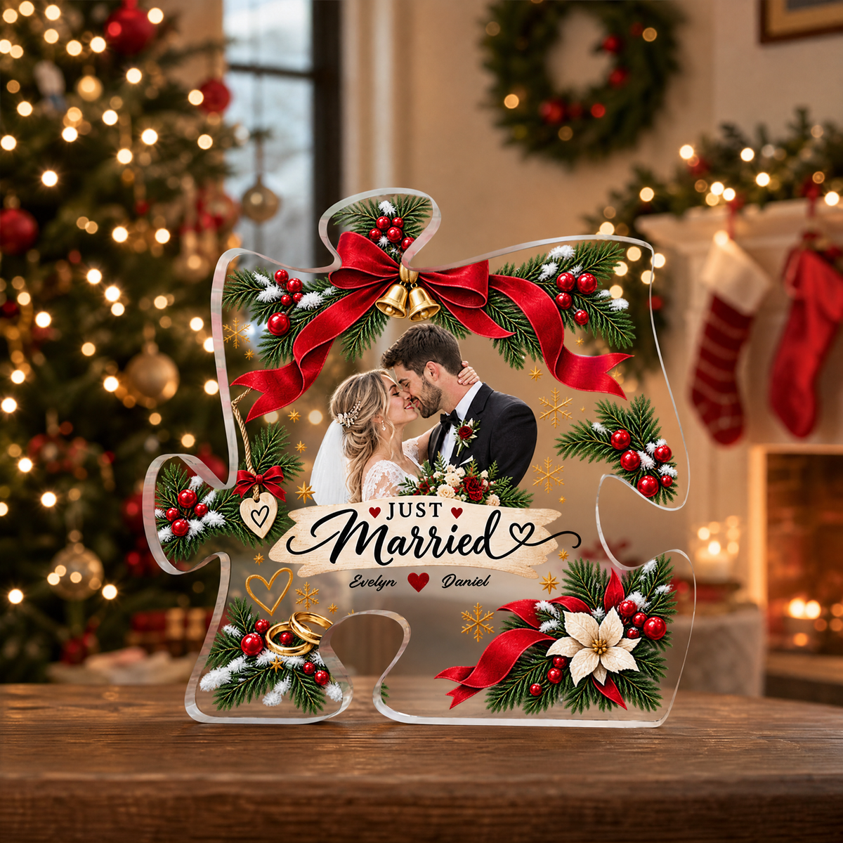Personalized Just Married Christmas Custom Photo Acrylic Puzzle Plaque, Custom Couple Name Wreath Xmas Tabletop Keepsake, Newlywed Wedding Holiday Gift