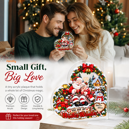 Personalized You Are My Winter Wonder Couple Santa Acrylic Heart Plaque, Custom Name Grandparents Parents Xmas Tabletop Keepsake, Romantic Holiday Gift