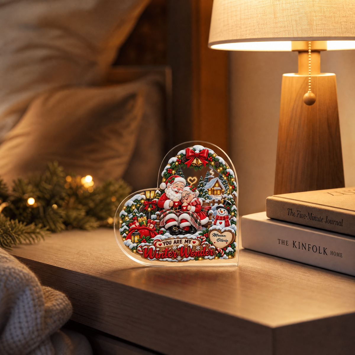 Personalized You Are My Winter Wonder Couple Santa Acrylic Heart Plaque, Custom Name Grandparents Parents Xmas Tabletop Keepsake, Romantic Holiday Gift