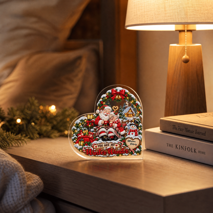 Personalized You Are My Winter Wonder Couple Santa Acrylic Heart Plaque, Custom Name Grandparents Parents Xmas Tabletop Keepsake, Romantic Holiday Gift