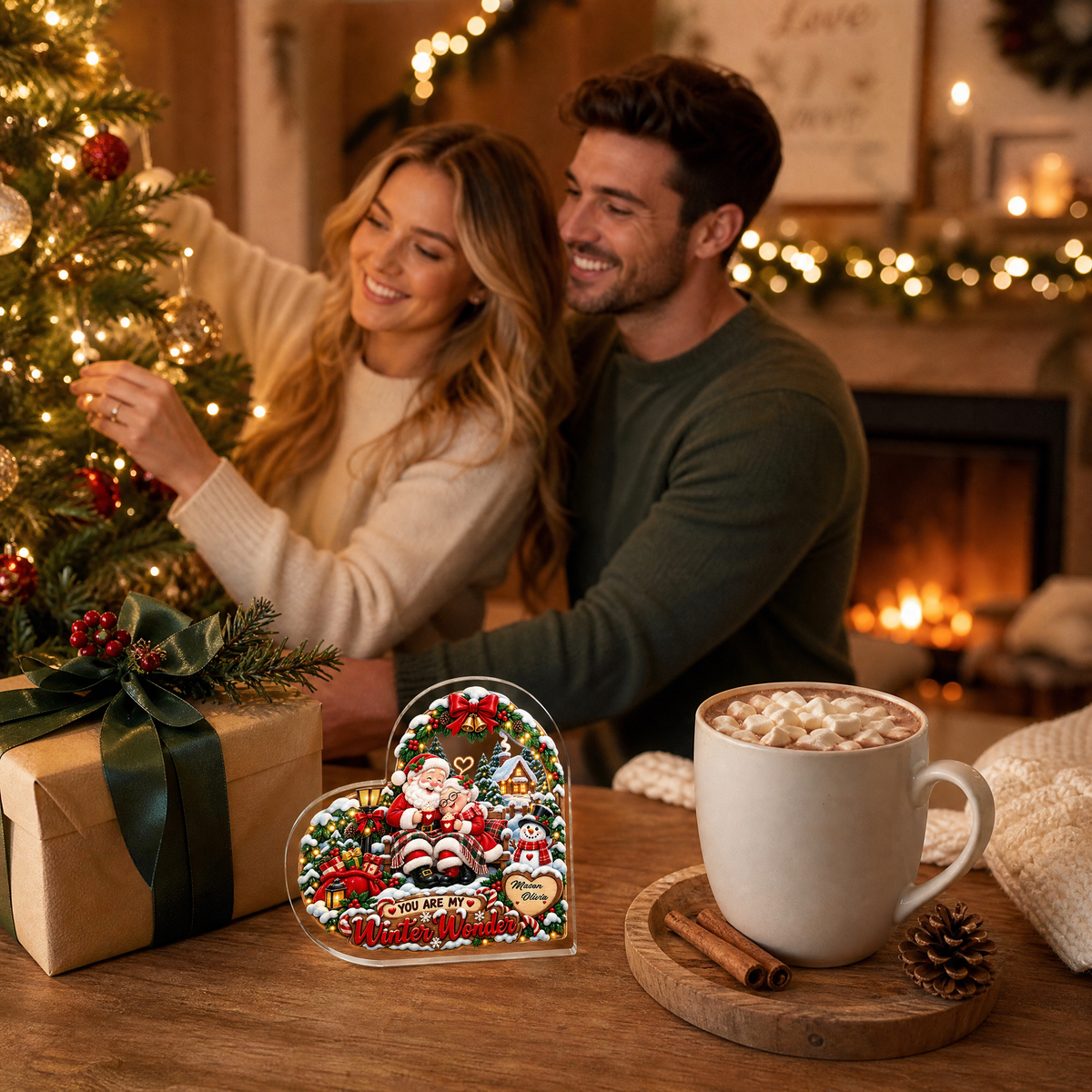 Personalized You Are My Winter Wonder Couple Santa Acrylic Heart Plaque, Custom Name Grandparents Parents Xmas Tabletop Keepsake, Romantic Holiday Gift