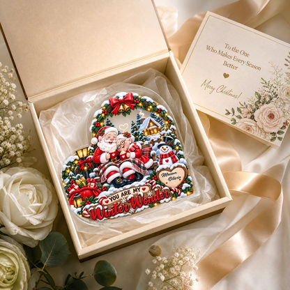 Personalized You Are My Winter Wonder Couple Santa Acrylic Heart Plaque, Custom Name Grandparents Parents Xmas Tabletop Keepsake, Romantic Holiday Gift
