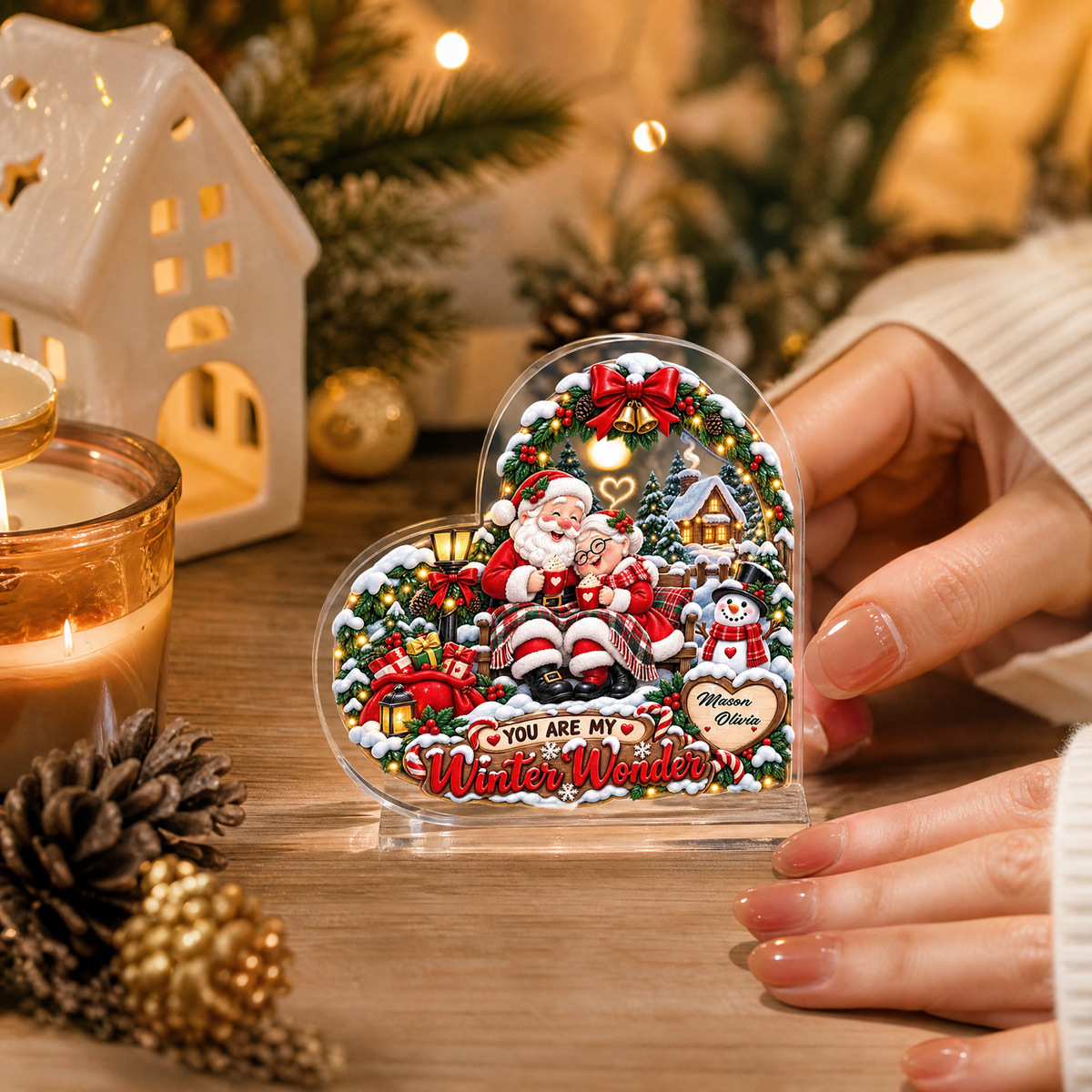 Personalized You Are My Winter Wonder Couple Santa Acrylic Heart Plaque, Custom Name Grandparents Parents Xmas Tabletop Keepsake, Romantic Holiday Gift