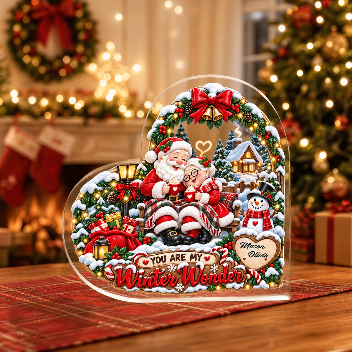 Personalized You Are My Winter Wonder Couple Santa Acrylic Heart Plaque, Custom Name Grandparents Parents Xmas Tabletop Keepsake, Romantic Holiday Gift