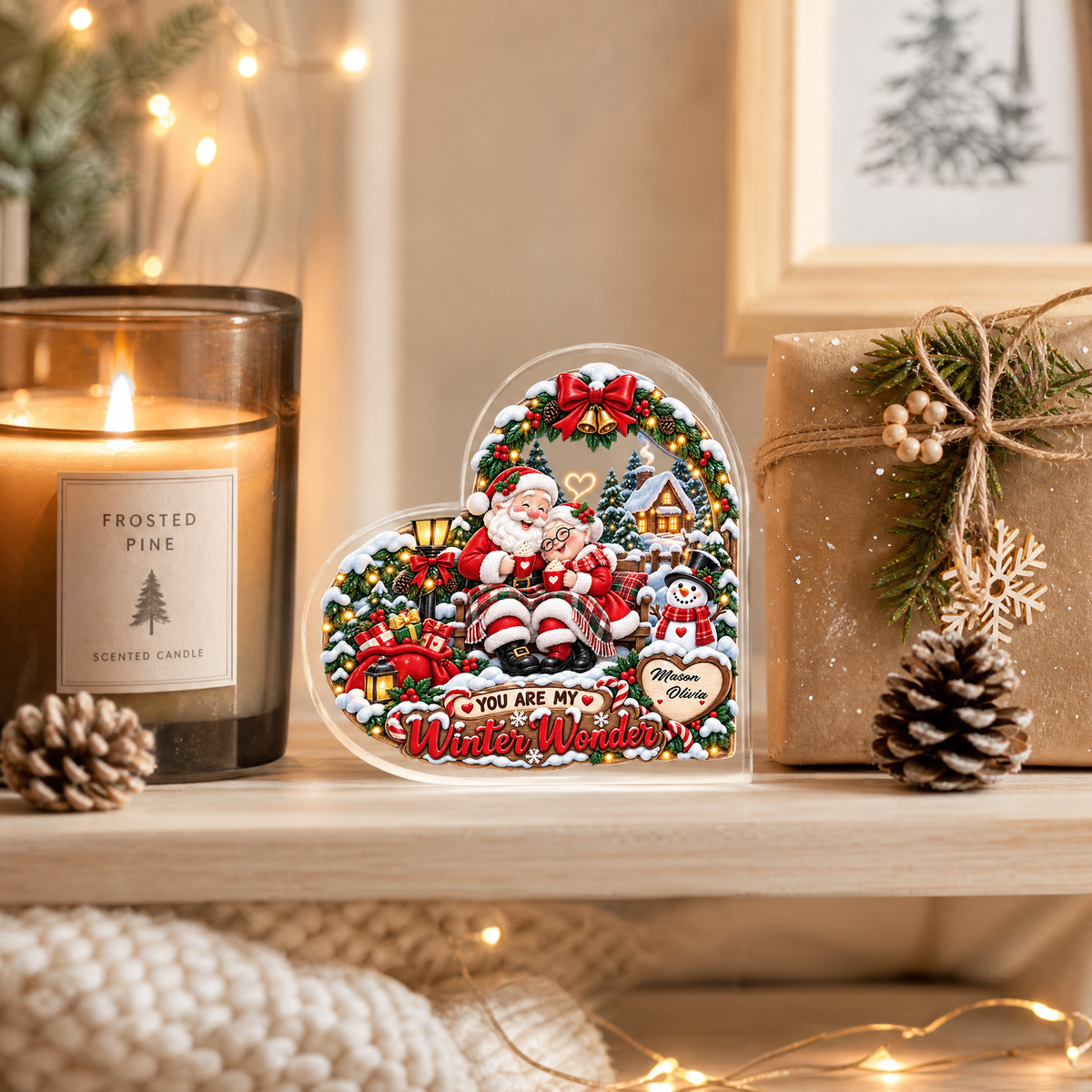 Personalized You Are My Winter Wonder Couple Santa Acrylic Heart Plaque, Custom Name Grandparents Parents Xmas Tabletop Keepsake, Romantic Holiday Gift