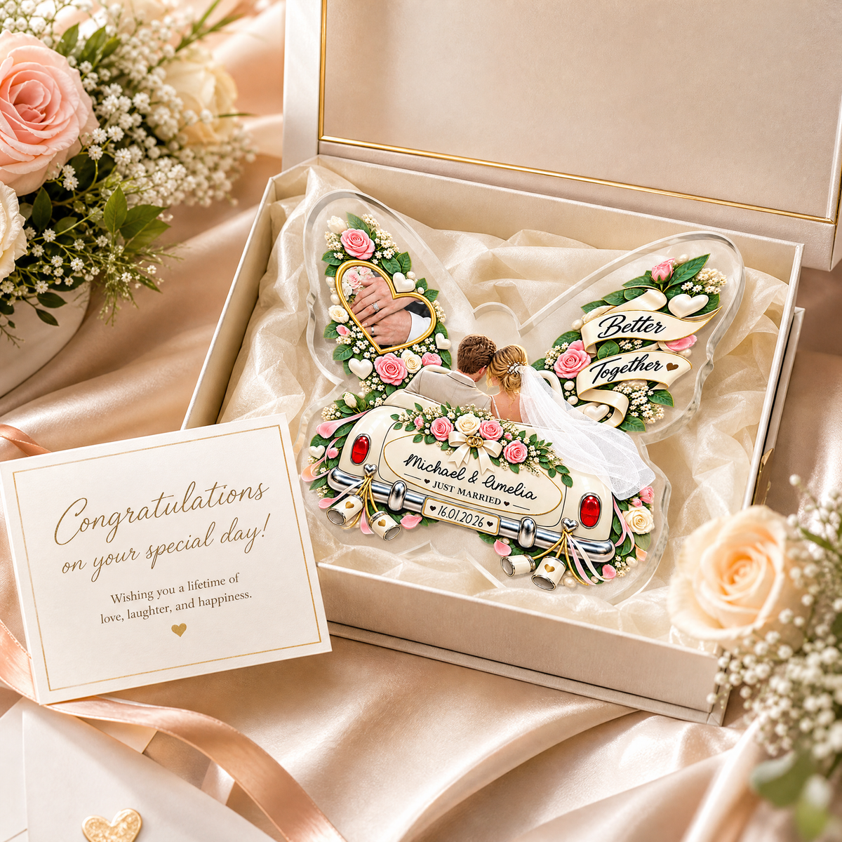 Personalized Better Together Just Married Butterfly Acrylic Plaque, Custom Couple Name Date Wedding Car Tabletop Keepsake, Romantic Newlywed Gift