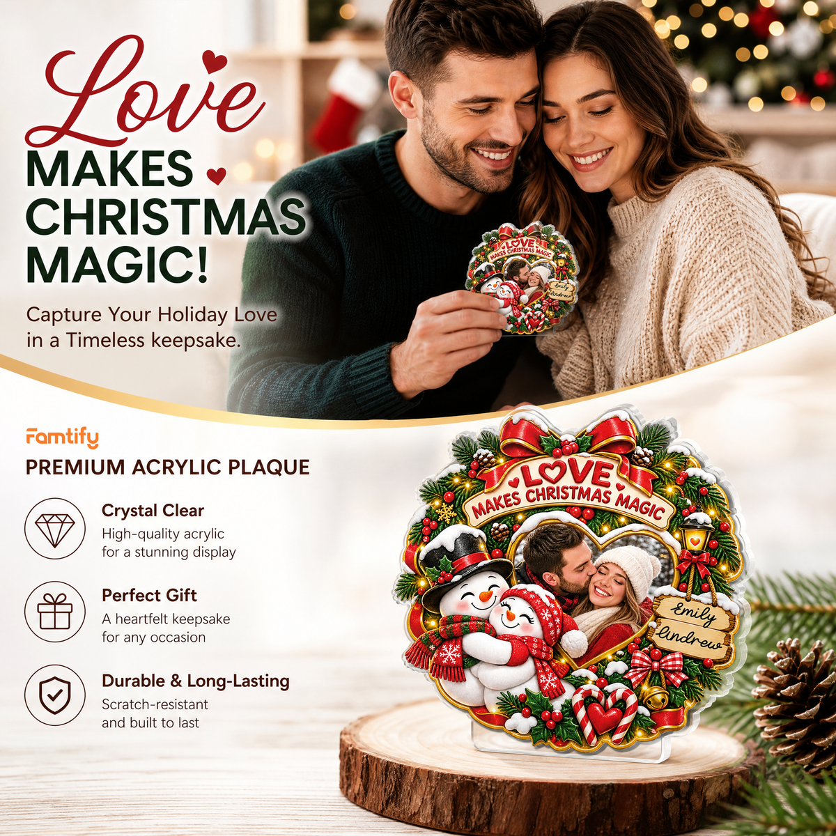 Personalized Love Makes Christmas Magic Couple Photo Acrylic Plaque, Custom Name Snowman Wreath Xmas Tabletop Keepsake, Romantic Couple Holiday Gift