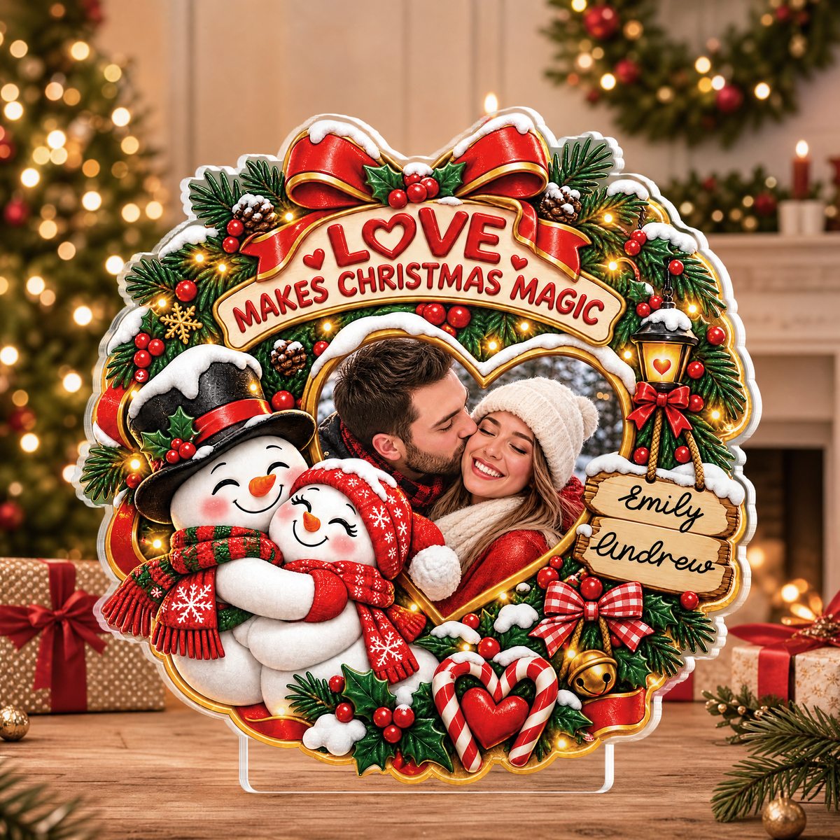 Personalized Love Makes Christmas Magic Couple Photo Acrylic Plaque, Custom Name Snowman Wreath Xmas Tabletop Keepsake, Romantic Couple Holiday Gift