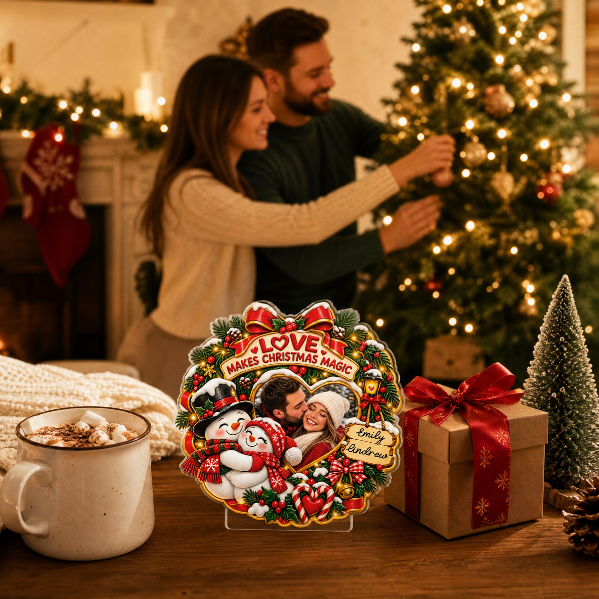 Personalized Love Makes Christmas Magic Couple Photo Acrylic Plaque, Custom Name Snowman Wreath Xmas Tabletop Keepsake, Romantic Couple Holiday Gift