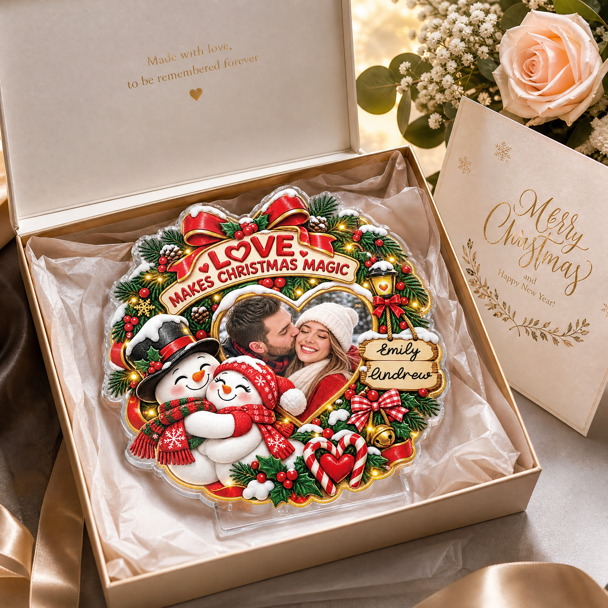 Personalized Love Makes Christmas Magic Couple Photo Acrylic Plaque, Custom Name Snowman Wreath Xmas Tabletop Keepsake, Romantic Couple Holiday Gift