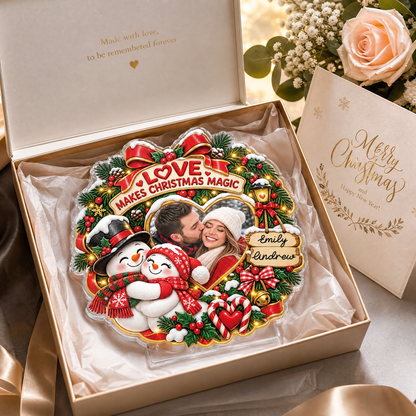 Personalized Love Makes Christmas Magic Couple Photo Acrylic Plaque, Custom Name Snowman Wreath Xmas Tabletop Keepsake, Romantic Couple Holiday Gift