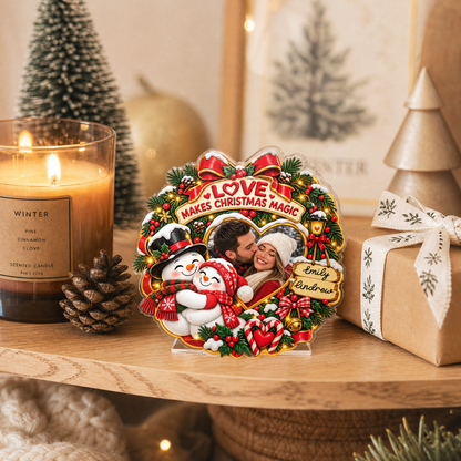 Personalized Love Makes Christmas Magic Couple Photo Acrylic Plaque, Custom Name Snowman Wreath Xmas Tabletop Keepsake, Romantic Couple Holiday Gift