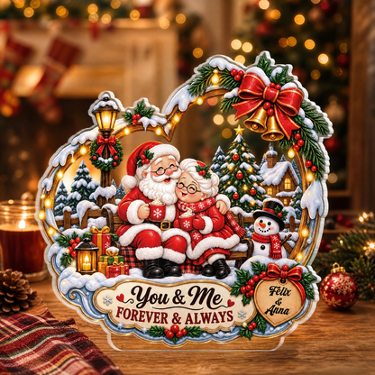 Personalized You & Me Forever & Always Couple Santa Acrylic Heart Plaque, Custom Name Grandparents Parents Xmas Tabletop Keepsake, Romantic Couple Holiday Gift
