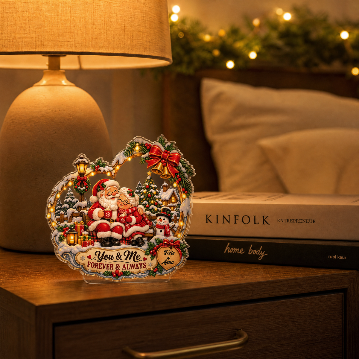 Personalized You & Me Forever & Always Couple Santa Acrylic Heart Plaque, Custom Name Grandparents Parents Xmas Tabletop Keepsake, Romantic Couple Holiday Gift