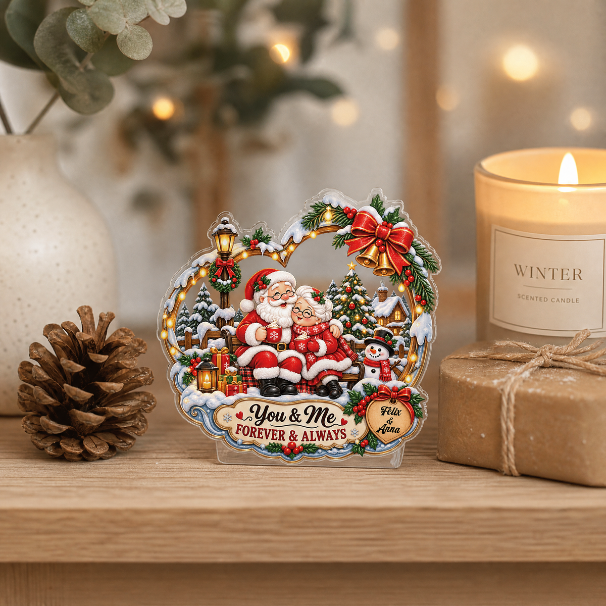 Personalized You & Me Forever & Always Couple Santa Acrylic Heart Plaque, Custom Name Grandparents Parents Xmas Tabletop Keepsake, Romantic Couple Holiday Gift
