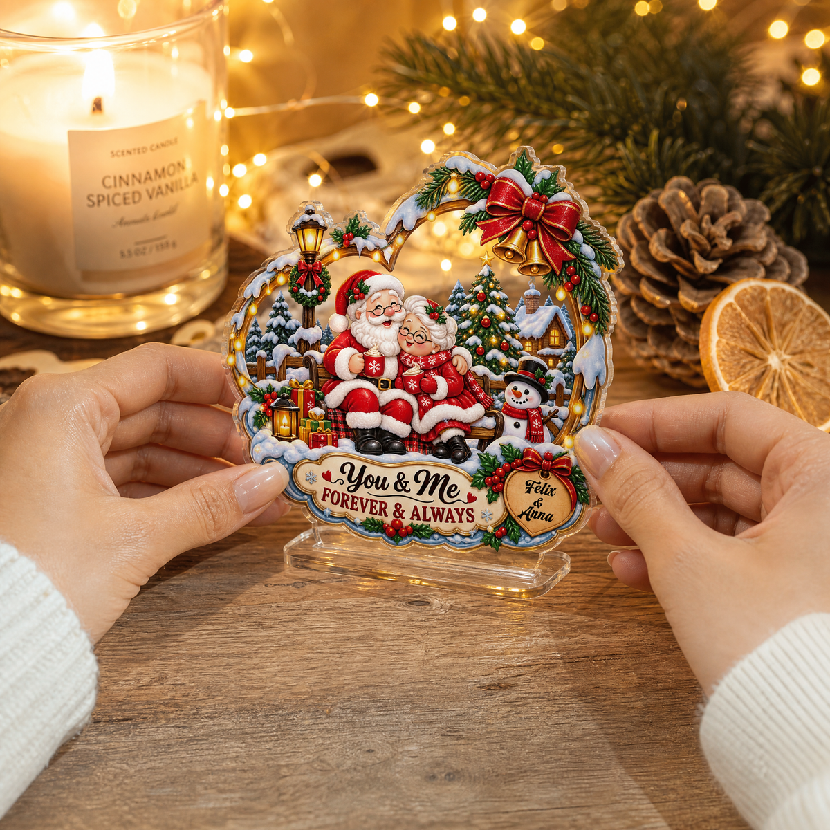 Personalized You & Me Forever & Always Couple Santa Acrylic Heart Plaque, Custom Name Grandparents Parents Xmas Tabletop Keepsake, Romantic Couple Holiday Gift