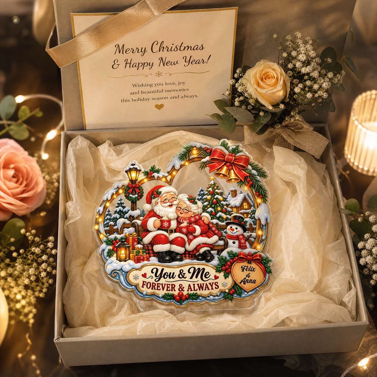 Personalized You & Me Forever & Always Couple Santa Acrylic Heart Plaque, Custom Name Grandparents Parents Xmas Tabletop Keepsake, Romantic Couple Holiday Gift