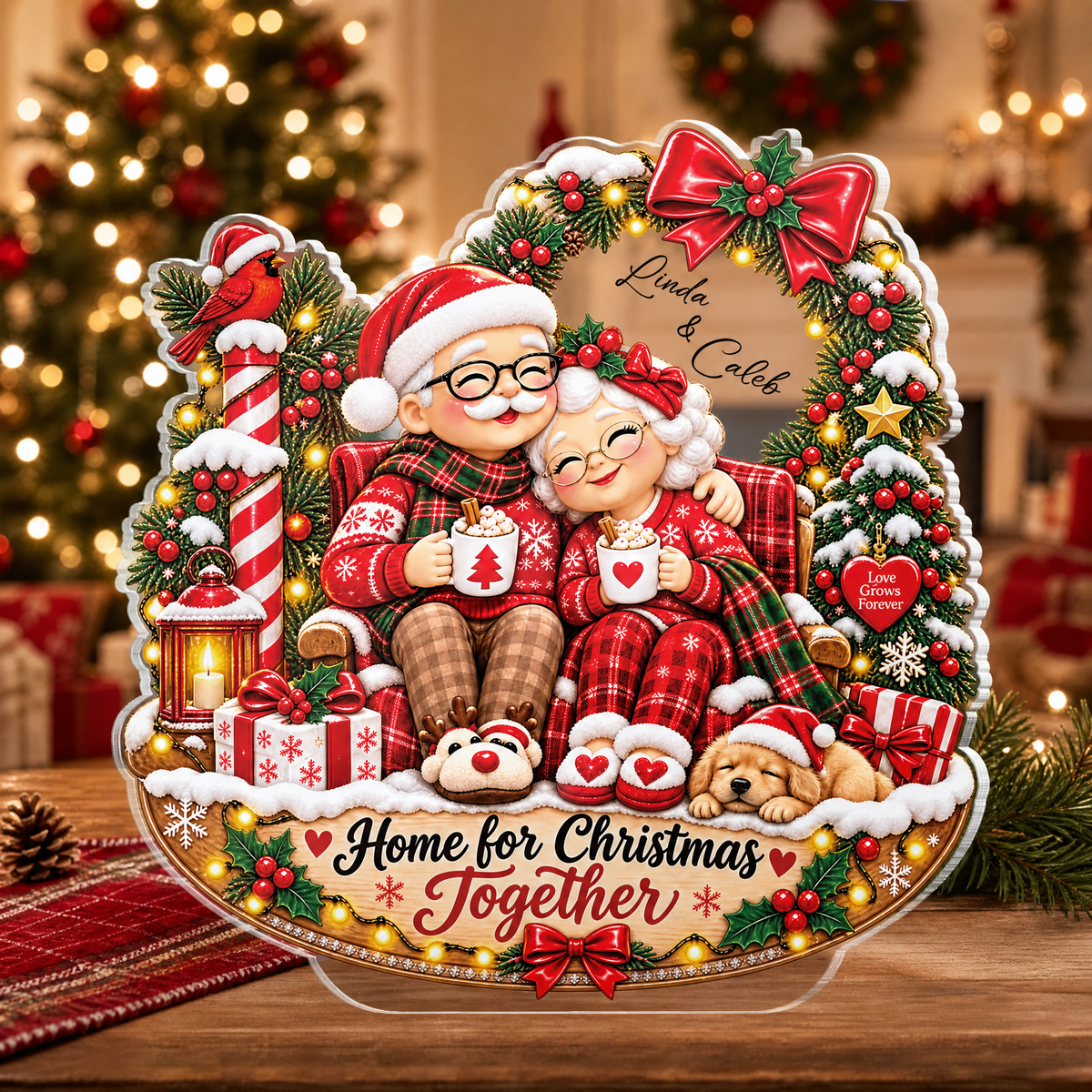 Personalized Home for Christmas Together Couple Santa Acrylic Plaque, Custom Name Grandparents Parents Xmas Tabletop Keepsake, Warm Family Holiday Gift