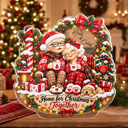 Personalized Home for Christmas Together Couple Santa Acrylic Plaque, Custom Name Grandparents Parents Xmas Tabletop Keepsake, Warm Family Holiday Gift