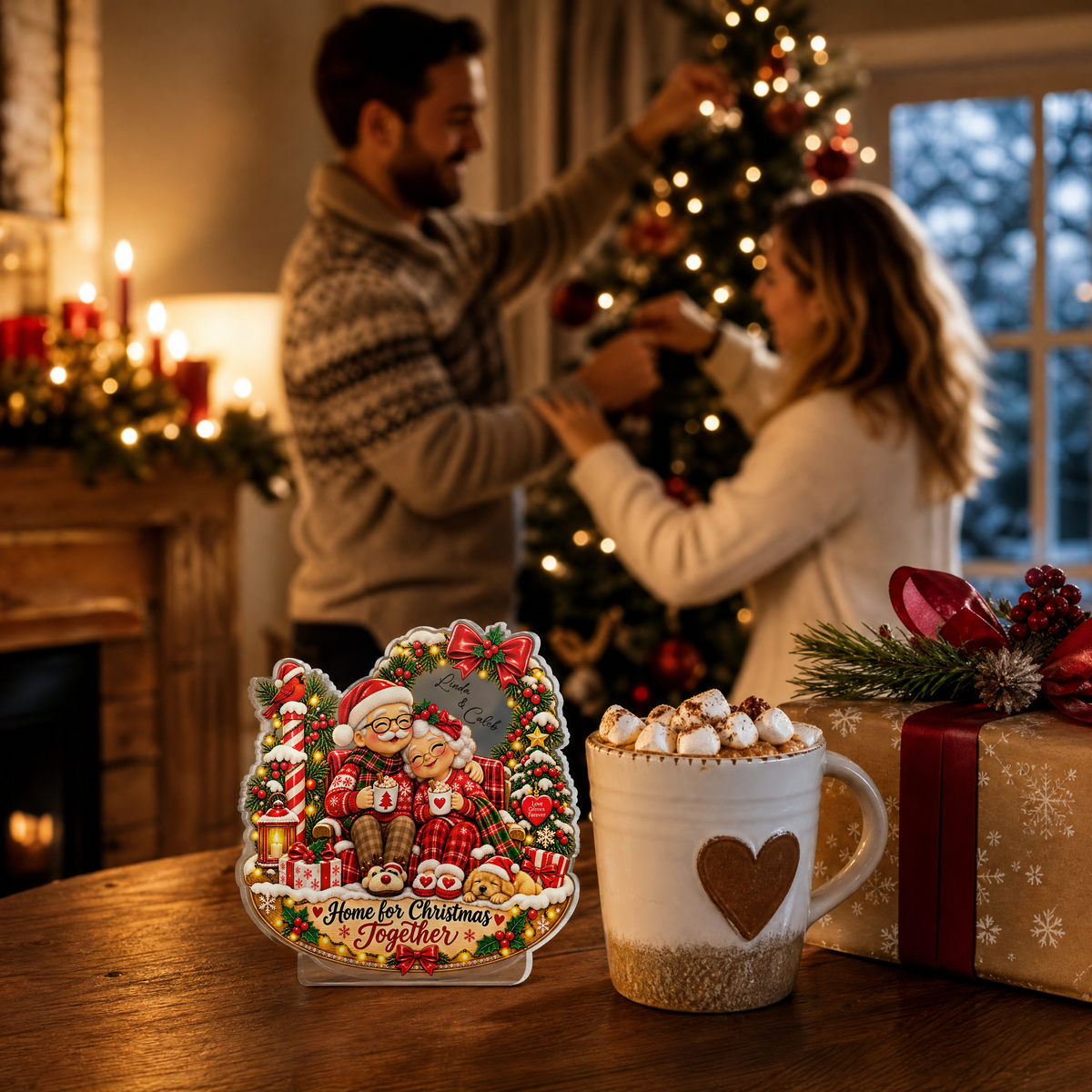 Personalized Home for Christmas Together Couple Santa Acrylic Plaque, Custom Name Grandparents Parents Xmas Tabletop Keepsake, Warm Family Holiday Gift
