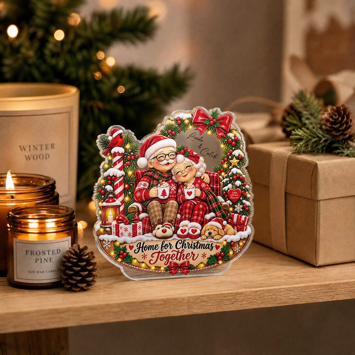 Personalized Home for Christmas Together Couple Santa Acrylic Plaque, Custom Name Grandparents Parents Xmas Tabletop Keepsake, Warm Family Holiday Gift
