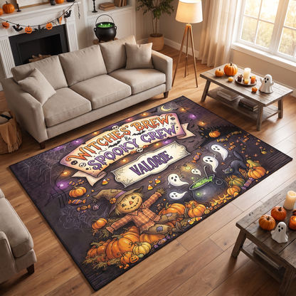 Personalized Halloween Witches' Brew Spooky Crew Rug, Custom Name Scarecrow Ghost Doormat, Festive Pumpkin Black Cat Indoor Outdoor Entryway Mat