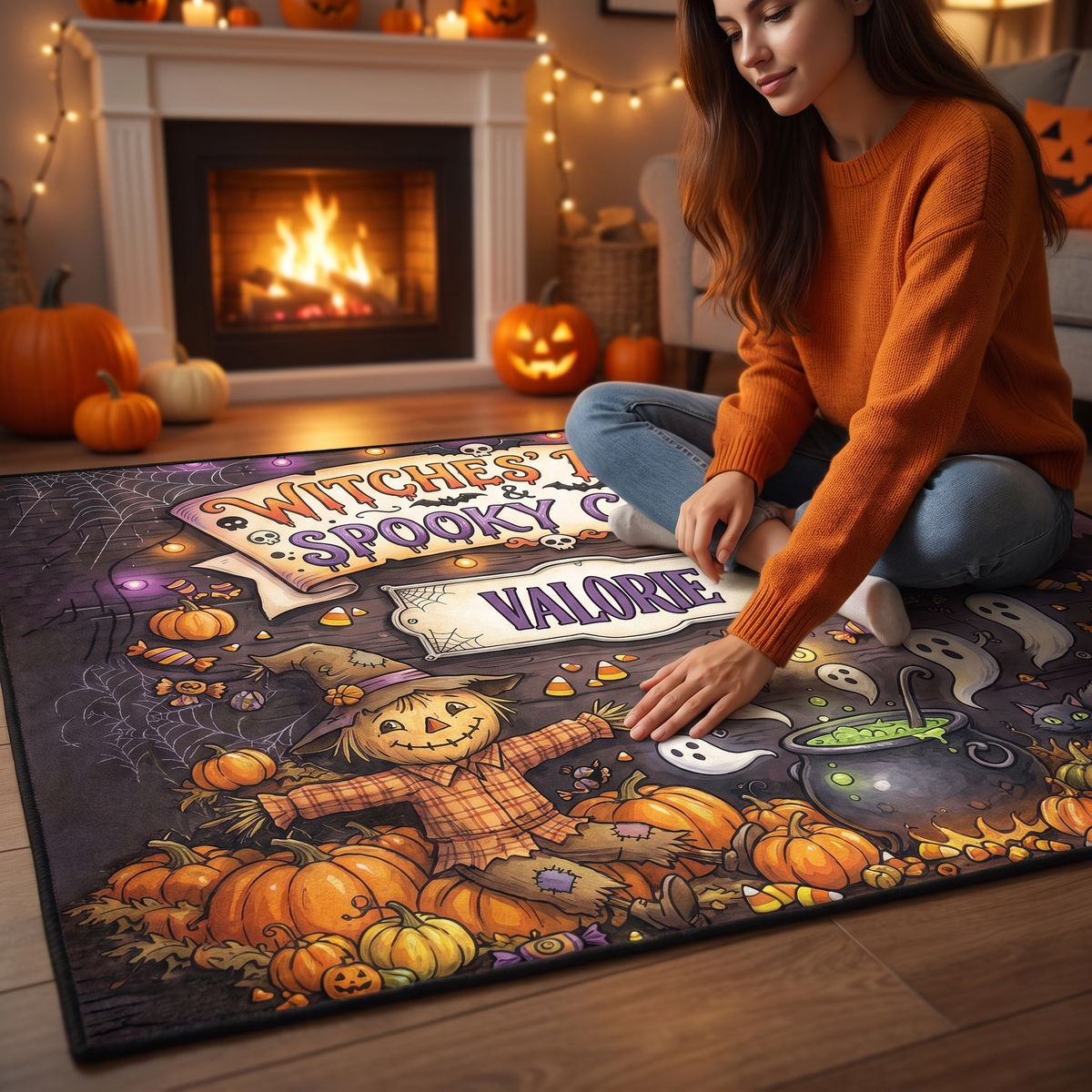 Personalized Halloween Witches' Brew Spooky Crew Rug, Custom Name Scarecrow Ghost Doormat, Festive Pumpkin Black Cat Indoor Outdoor Entryway Mat