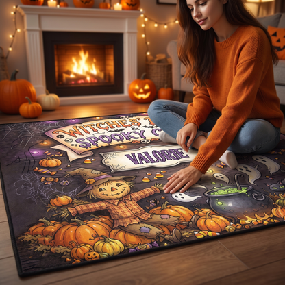 Personalized Halloween Witches' Brew Spooky Crew Rug, Custom Name Scarecrow Ghost Doormat, Festive Pumpkin Black Cat Indoor Outdoor Entryway Mat