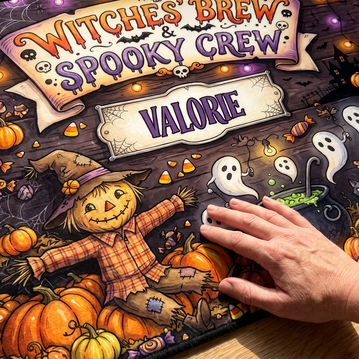 Personalized Halloween Witches' Brew Spooky Crew Rug, Custom Name Scarecrow Ghost Doormat, Festive Pumpkin Black Cat Indoor Outdoor Entryway Mat