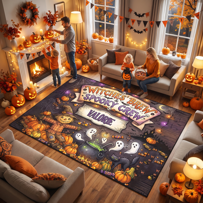 Personalized Halloween Witches' Brew Spooky Crew Rug, Custom Name Scarecrow Ghost Doormat, Festive Pumpkin Black Cat Indoor Outdoor Entryway Mat