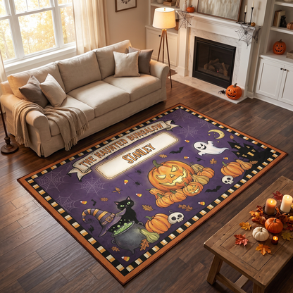 Personalized Halloween The Haunted Bungalow Rug, Custom Family Name Pumpkin Ghost Doormat, Spooky Black Cat Witch Hat Indoor Outdoor Entryway Mat