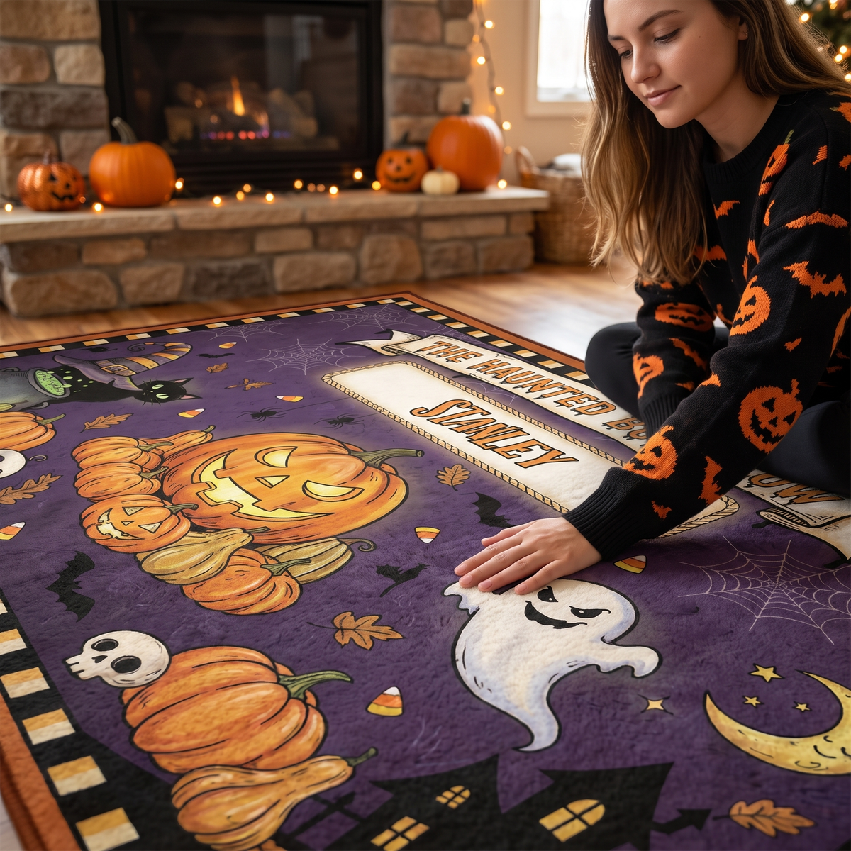Personalized Halloween The Haunted Bungalow Rug, Custom Family Name Pumpkin Ghost Doormat, Spooky Black Cat Witch Hat Indoor Outdoor Entryway Mat