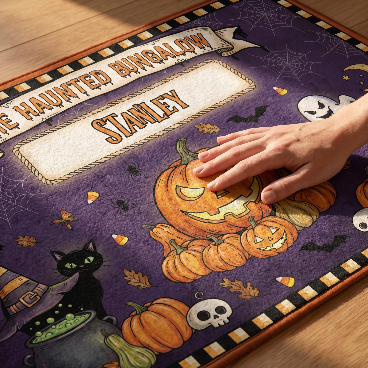 Personalized Halloween The Haunted Bungalow Rug, Custom Family Name Pumpkin Ghost Doormat, Spooky Black Cat Witch Hat Indoor Outdoor Entryway Mat