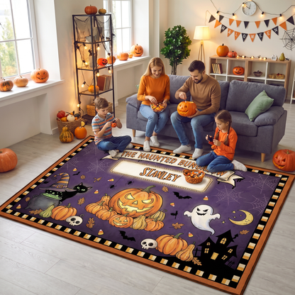 Personalized Halloween The Haunted Bungalow Rug, Custom Family Name Pumpkin Ghost Doormat, Spooky Black Cat Witch Hat Indoor Outdoor Entryway Mat
