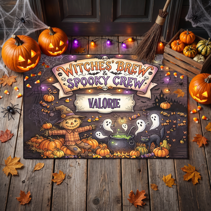 Personalized Halloween Witches' Brew Spooky Crew Rug, Custom Name Scarecrow Ghost Doormat, Festive Pumpkin Black Cat Indoor Outdoor Entryway Mat