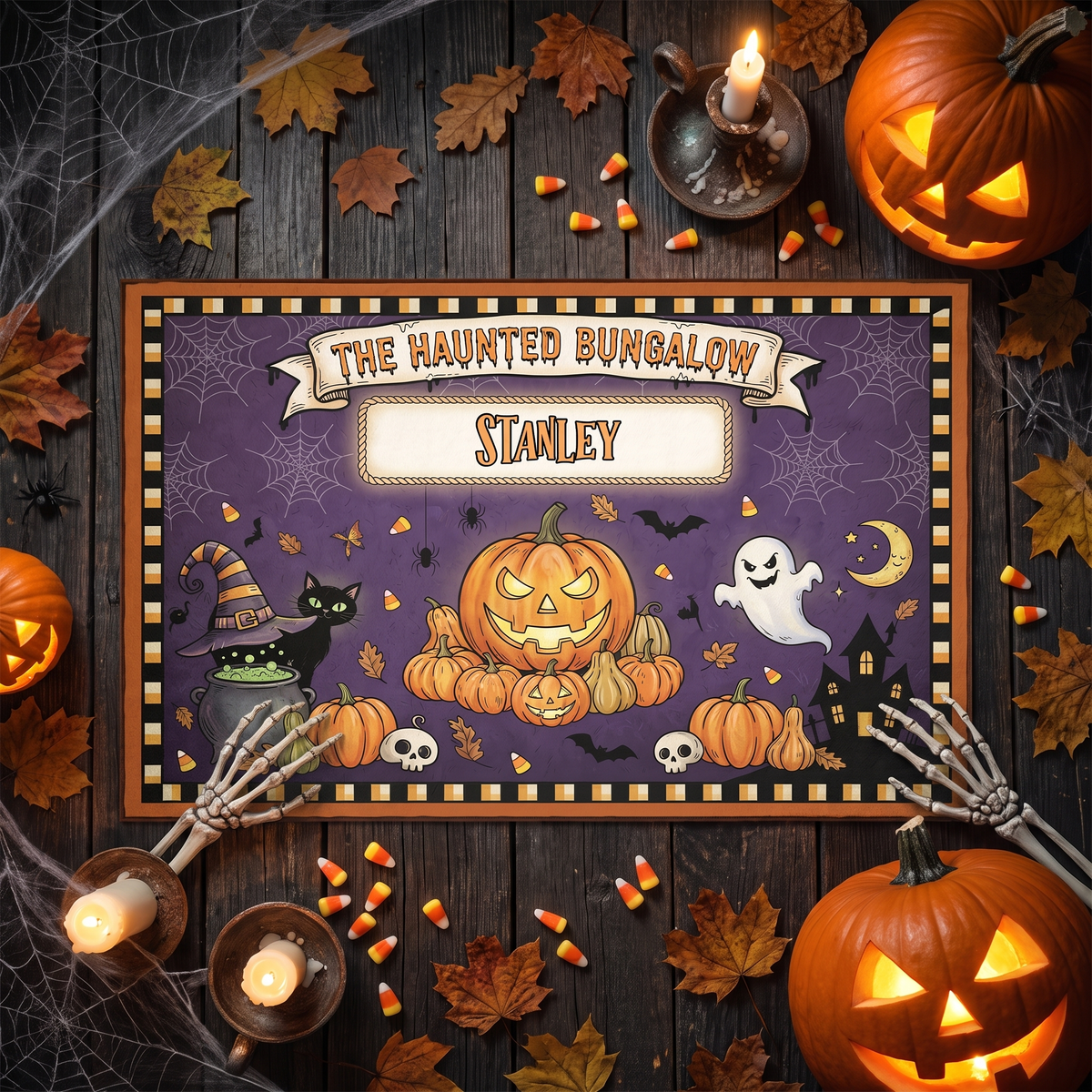 Personalized Halloween The Haunted Bungalow Rug, Custom Family Name Pumpkin Ghost Doormat, Spooky Black Cat Witch Hat Indoor Outdoor Entryway Mat