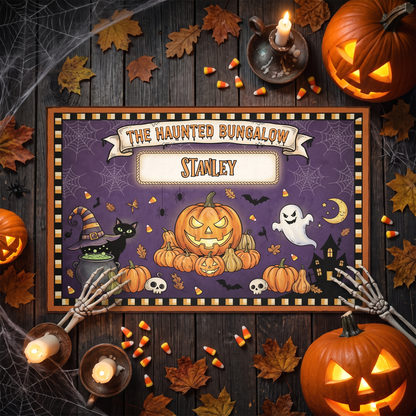 Personalized Halloween The Haunted Bungalow Rug, Custom Family Name Pumpkin Ghost Doormat, Spooky Black Cat Witch Hat Indoor Outdoor Entryway Mat