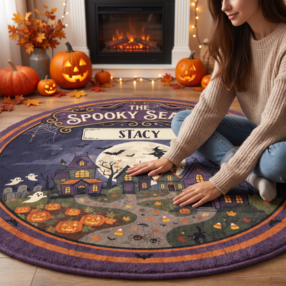 Personalized The Spooky Season Haunted Village Round Rug, Custom Name Witch Flying Full Moon Circle Rug, Halloween Ghosts Pumpkin Plush Decor Carpet