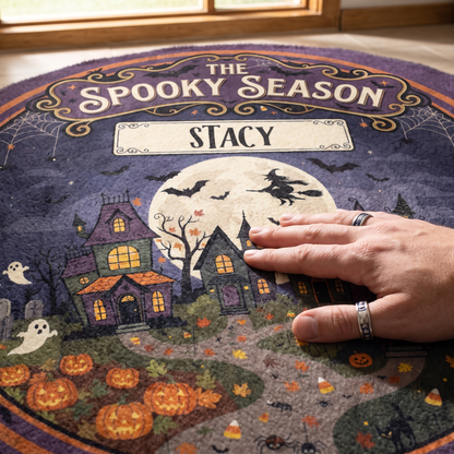 Personalized The Spooky Season Haunted Village Round Rug, Custom Name Witch Flying Full Moon Circle Rug, Halloween Ghosts Pumpkin Plush Decor Carpet