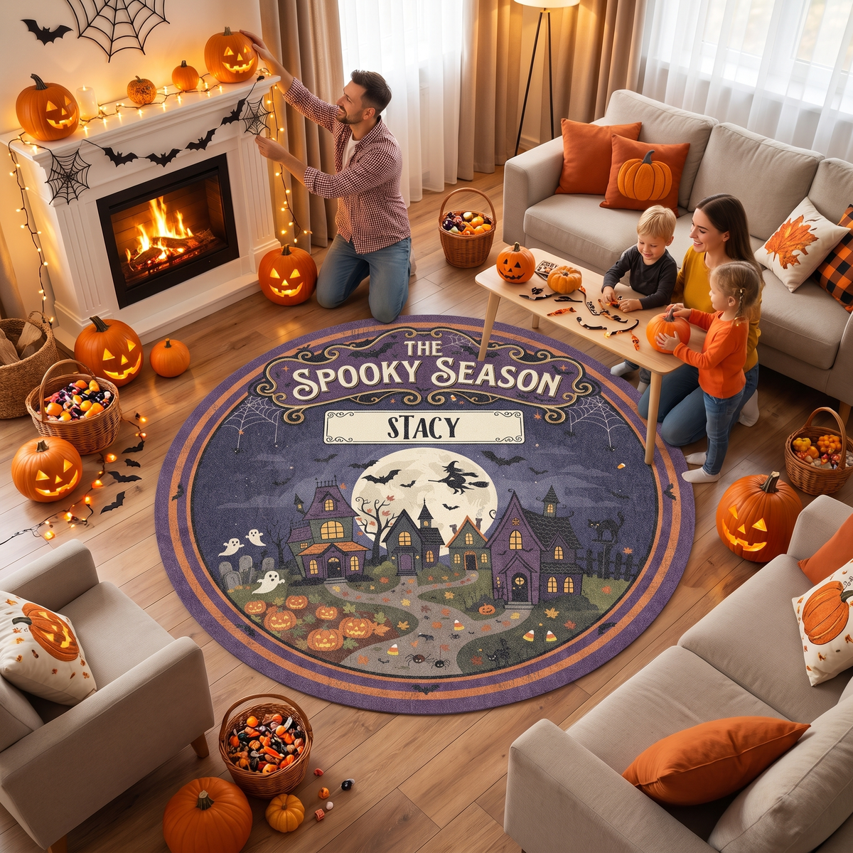 Personalized The Spooky Season Haunted Village Round Rug, Custom Name Witch Flying Full Moon Circle Rug, Halloween Ghosts Pumpkin Plush Decor Carpet