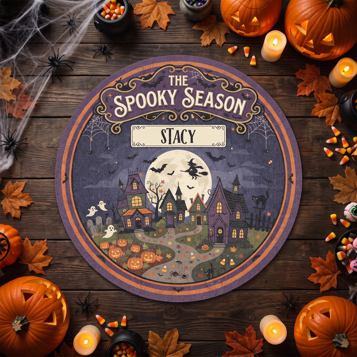 Personalized The Spooky Season Haunted Village Round Rug, Custom Name Witch Flying Full Moon Circle Rug, Halloween Ghosts Pumpkin Plush Decor Carpet