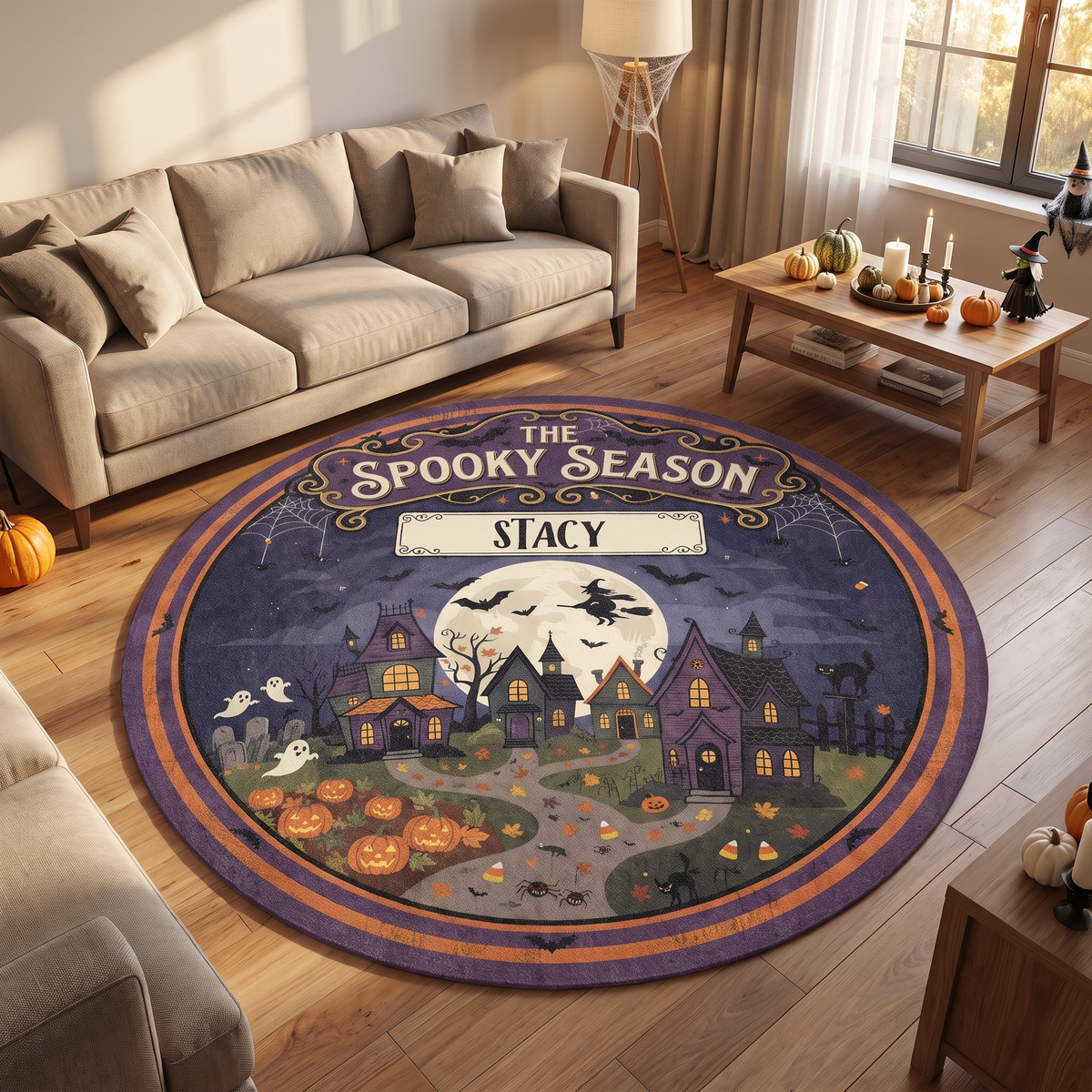 Personalized The Spooky Season Haunted Village Round Rug, Custom Name Witch Flying Full Moon Circle Rug, Halloween Ghosts Pumpkin Plush Decor Carpet