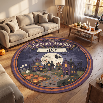 Personalized The Spooky Season Haunted Village Round Rug, Custom Name Witch Flying Full Moon Circle Rug, Halloween Ghosts Pumpkin Plush Decor Carpet