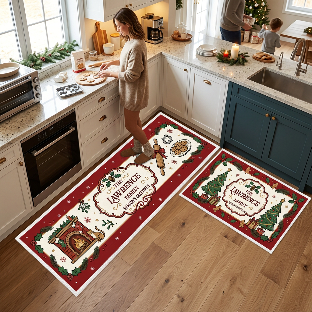 Personalized Cozy Fireplace Season's Greetings Christmas kitchen mat set in a cozy holiday kitchen